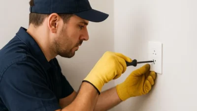 Eletricista realizando manutenção elétrica residencial após incêndio em São Paulo