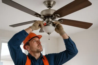 Eletricista realizando manutenção elétrica residencial em uma casa