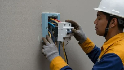Eletricista residencial trabalhando em instalação elétrica moderna