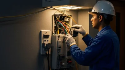 Eletricista trabalhando com ferramentas em um canteiro de obras em Goiás