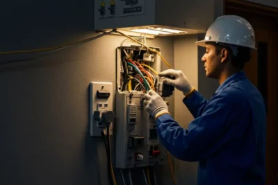 Eletricista realizando manutenção elétrica residencial em Águas de Lindóia