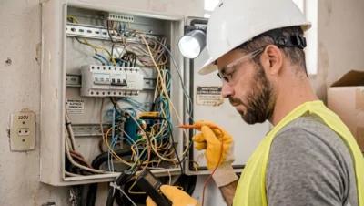 Eletricista verificando medidor inteligente em obra de Mongaguá