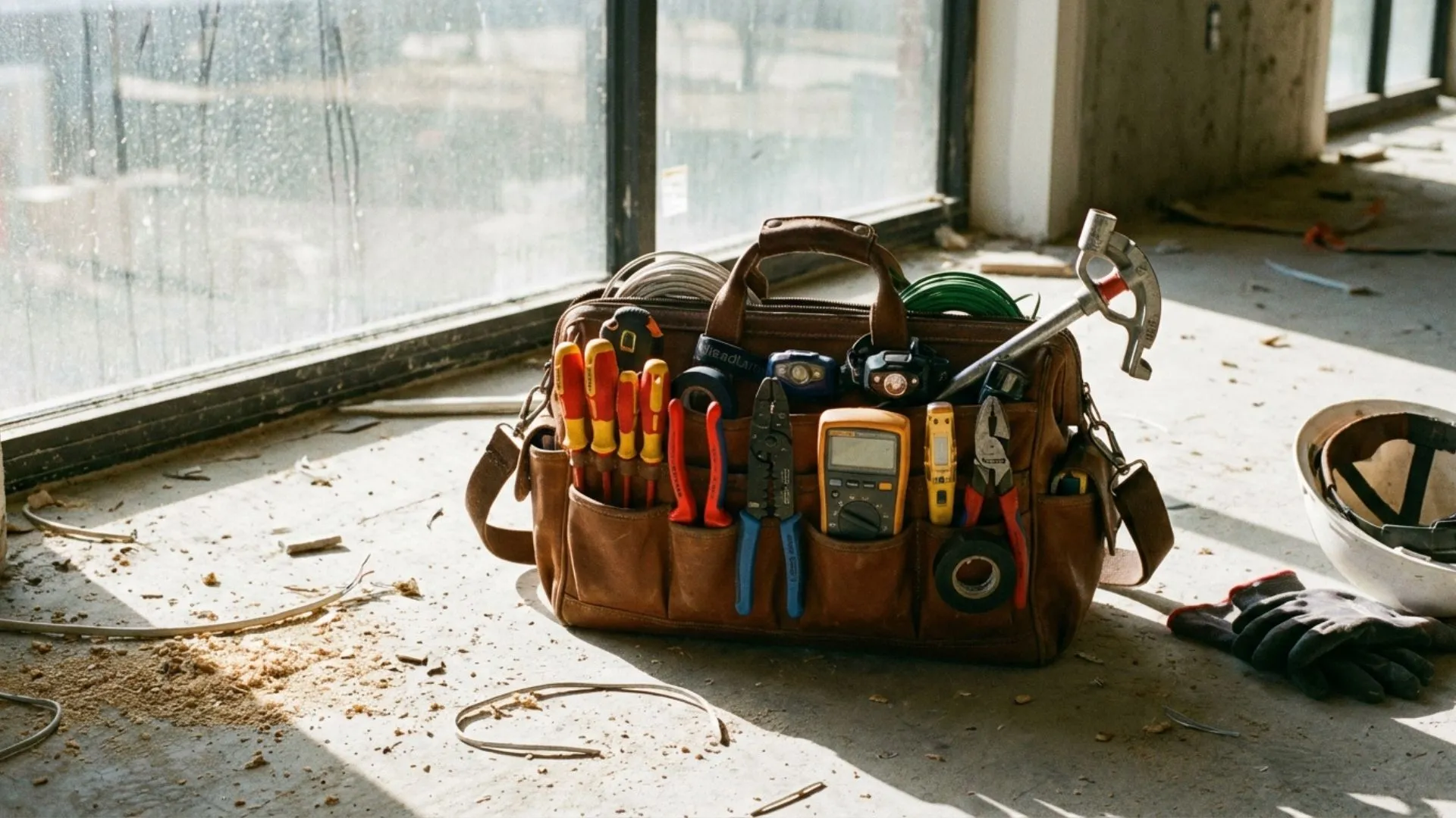 Eletricista autônomo utilizando ferramentas e EPIs durante o trabalho