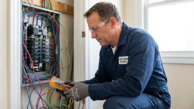 Eletricista realizando manutenção elétrica residencial com equipamentos de segurança