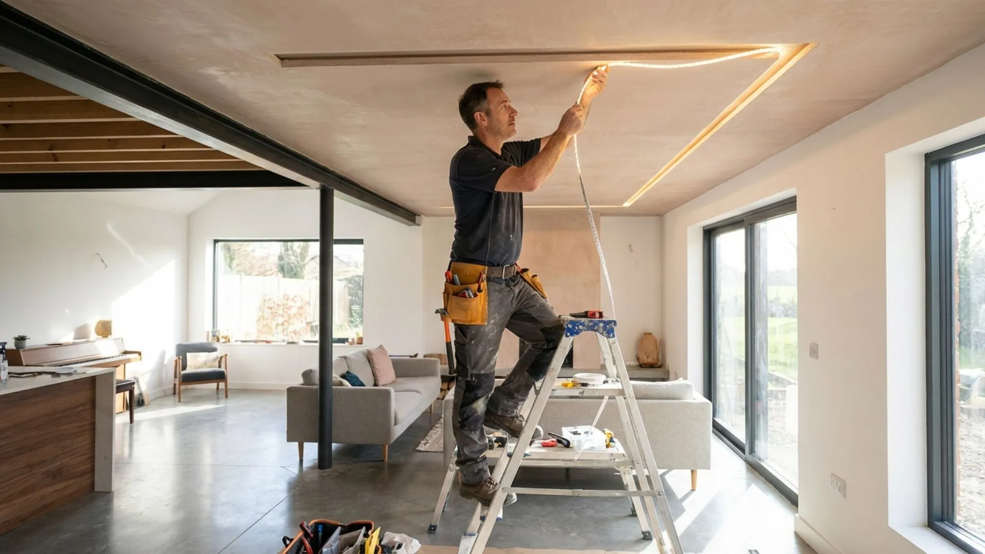 Eletricista trabalhando com esquemas elétricos e ferramentas