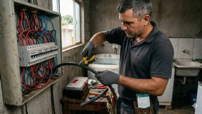 Eletricista realizando manutenção elétrica residencial para recarga de EVs