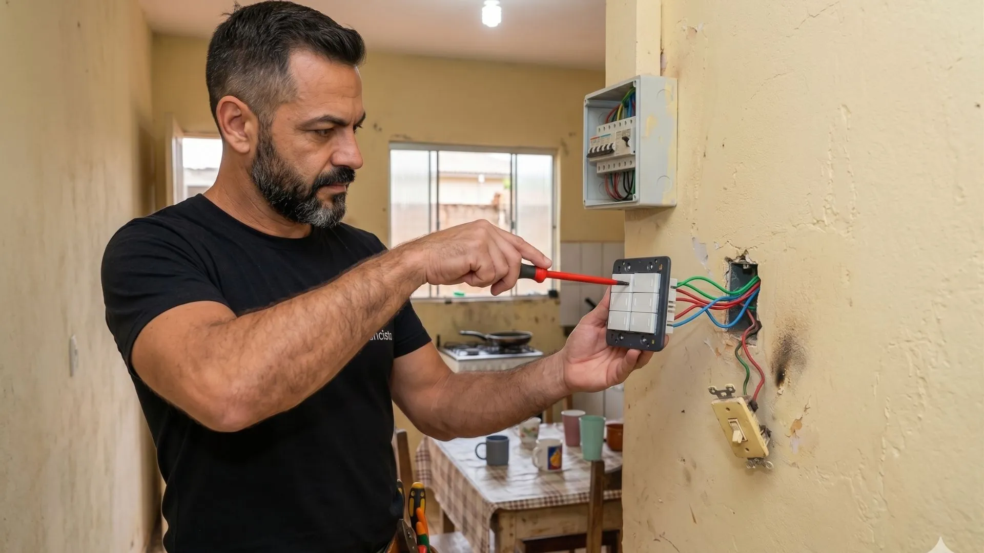 Eletricista com certificação NR-10 realizando troca segura de interruptor em Cascavel Paraná