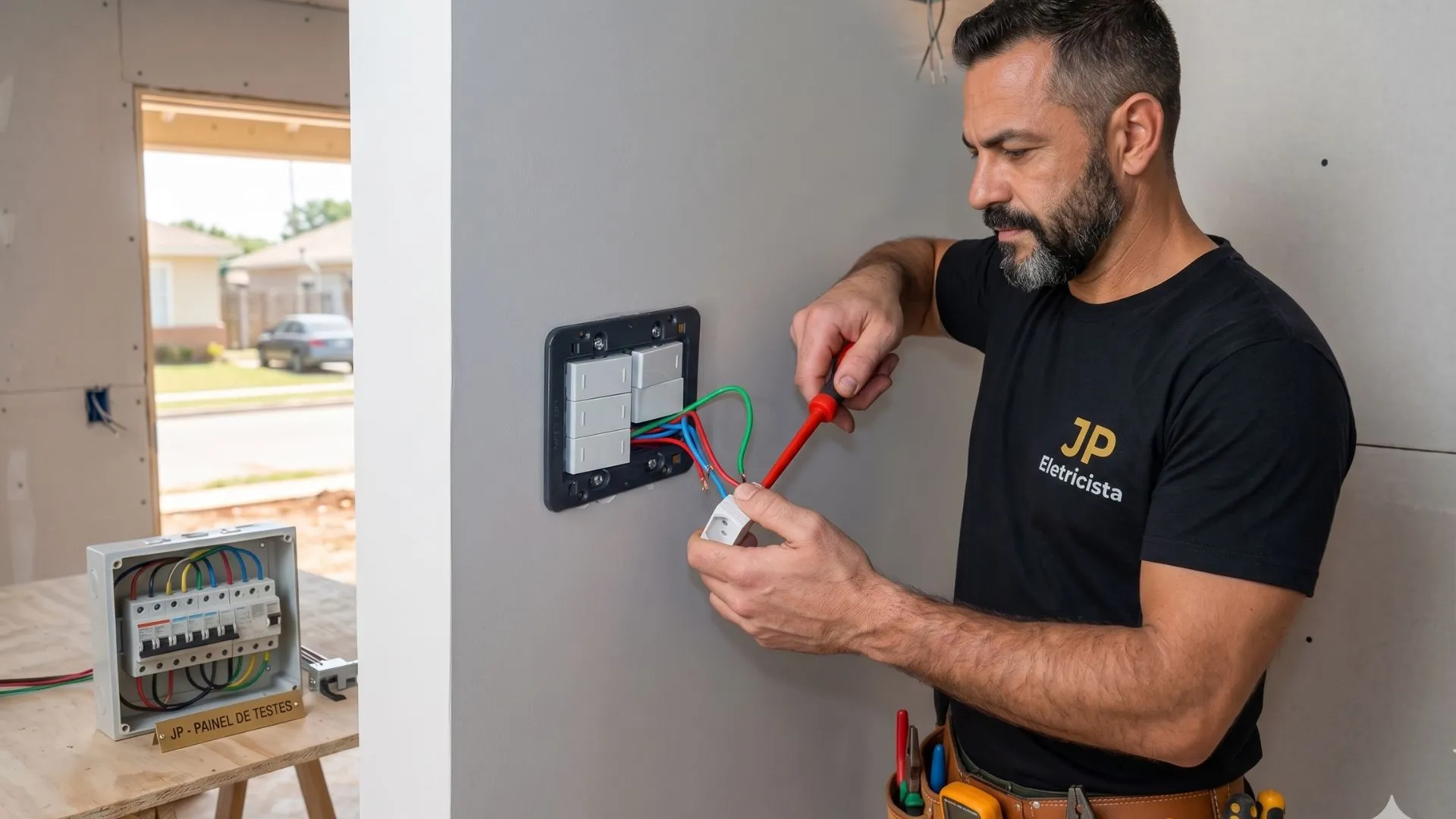 Interruptor com defeito sendo avaliado por eletricista profissional em residência de Cascavel PR