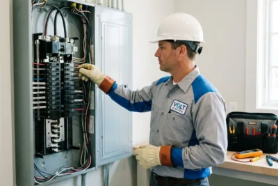 Eletricista realizando manutenção elétrica residencial com equipamentos de segurança