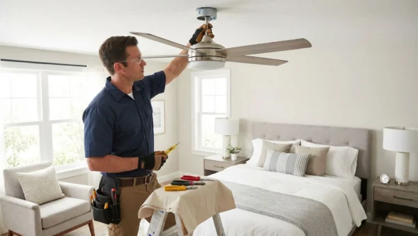 Eletricista residencial revisando sistema elétrico em ambiente seguro e moderno